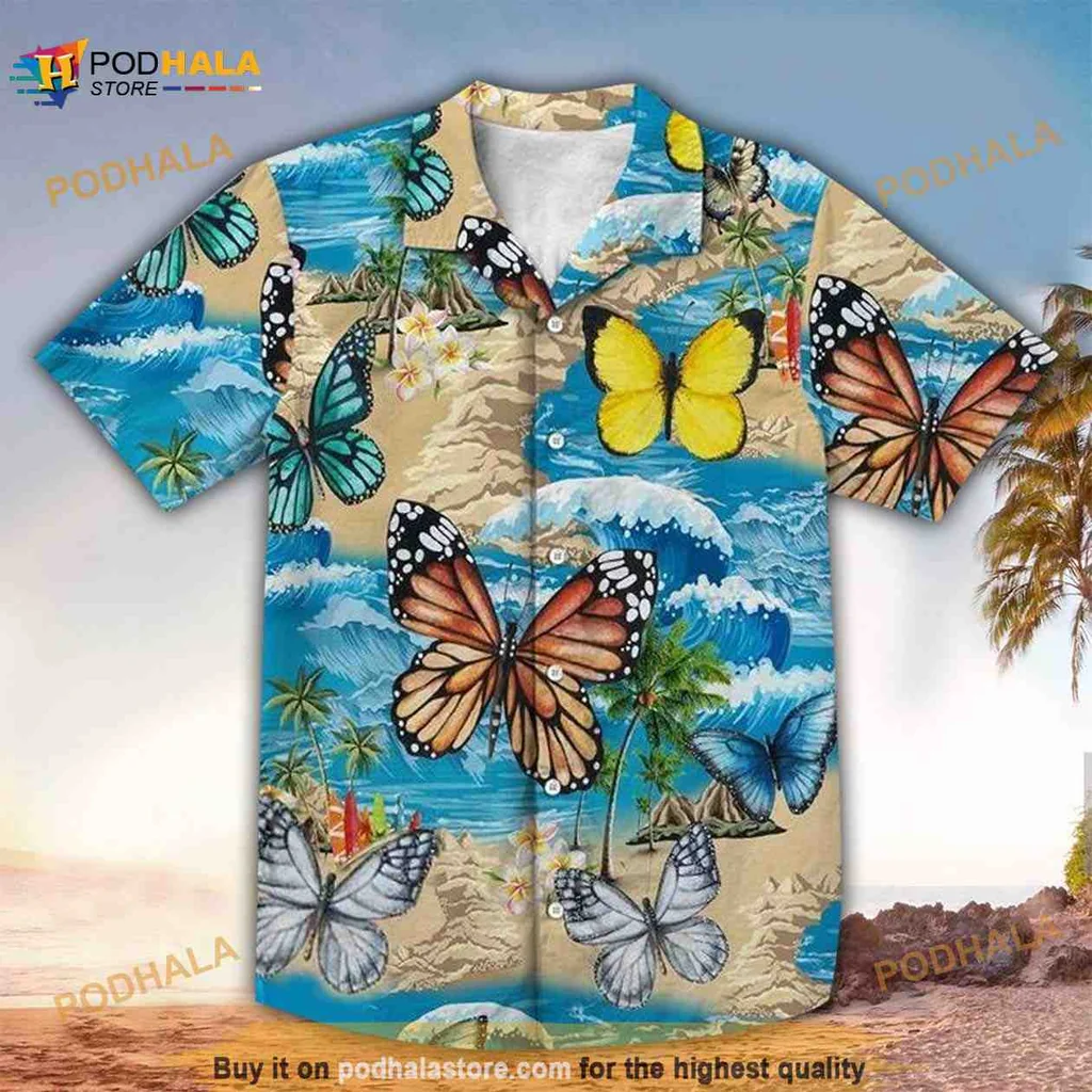 Colorful Butterfly Tropical Hawaiian Shirt With Beach Scene And Palm Trees