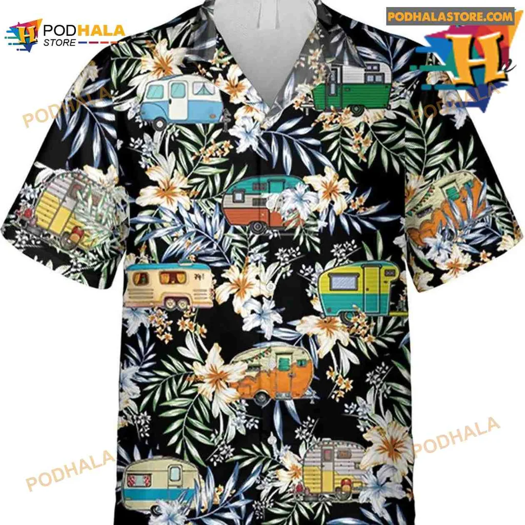Colorful Camper Van Hawaiian Shirt With Tropical Flowers And Leaves