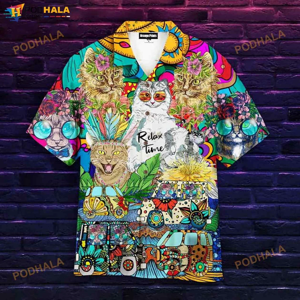 Colorful Cat Aloha Shirt With Relax Time Design And Whimsical Illustrations