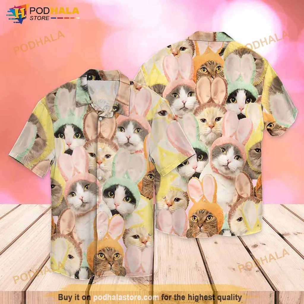 Colorful Cat Bunny Hawaiian Shirt With Playful Cartoon Design