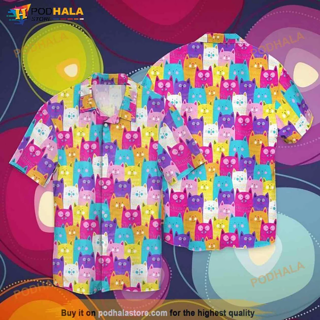 Colorful Cat Hawaiian Shirt With Playful Cartoon Cats In Vibrant Patterns