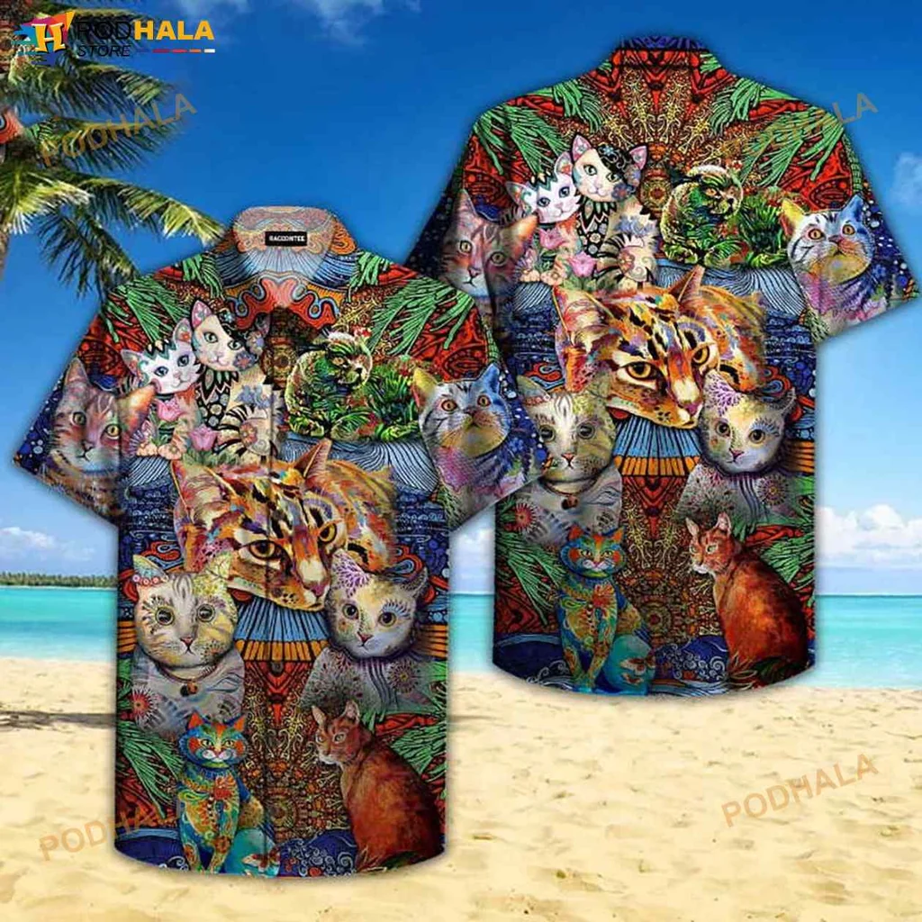 Colorful Cat Hawaiian Shirt With Tropical Design And Playful Vibe