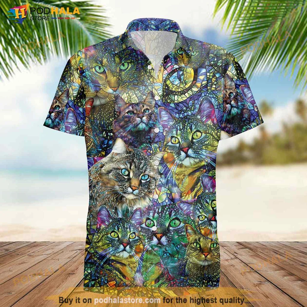 Colorful Cat Hawaiian Shirt With Vibrant Kaleidoscope Design