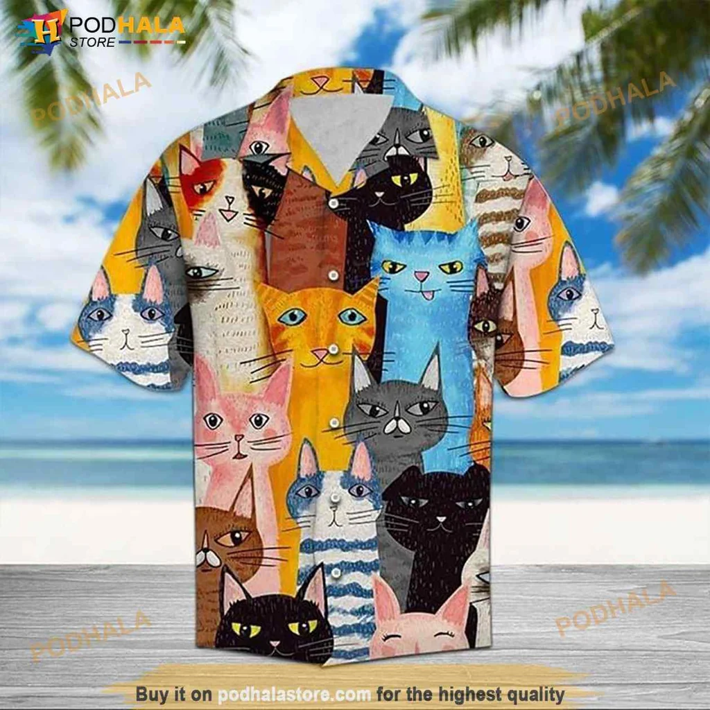 Colorful Cat Hawaiian Shirt With Whimsical Cat Faces And Expressions