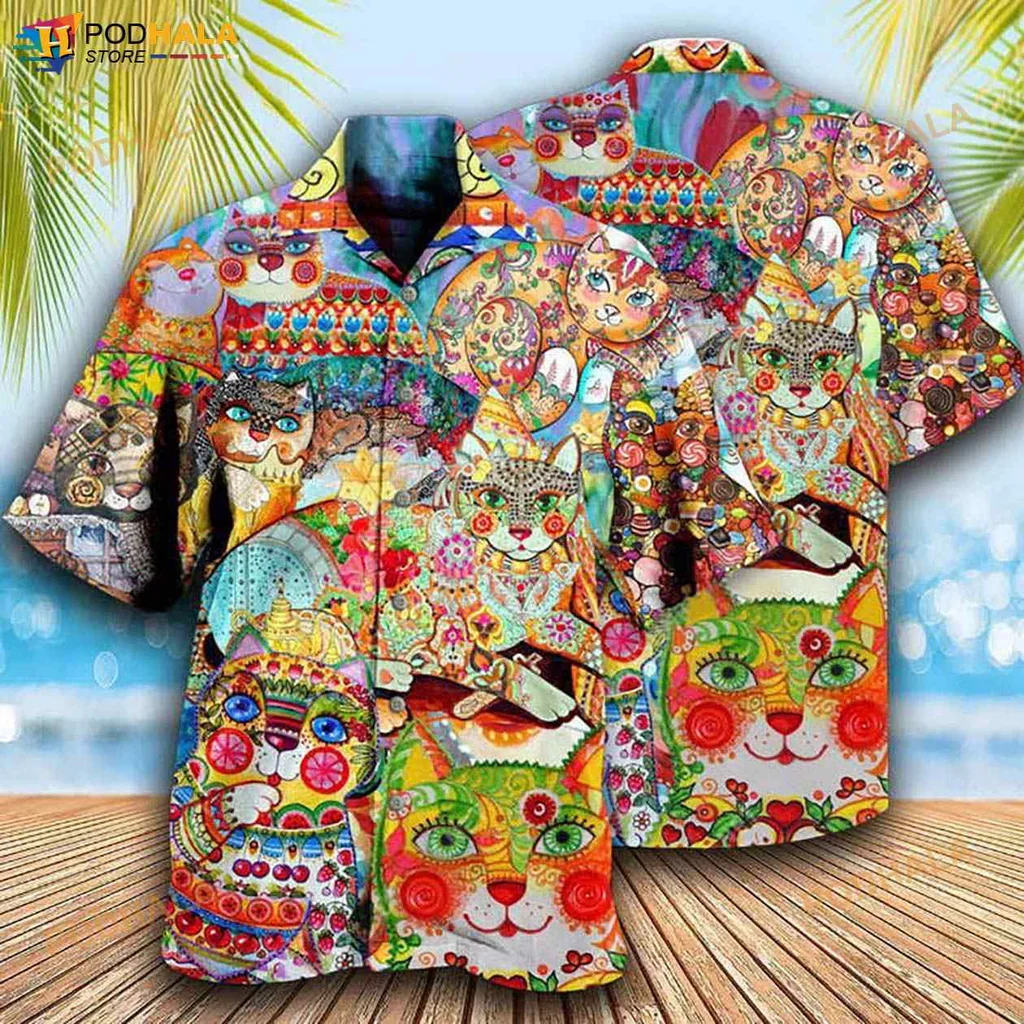Colorful Cat Lover Hawaiian Shirt With Whimsical Cartoon Designs