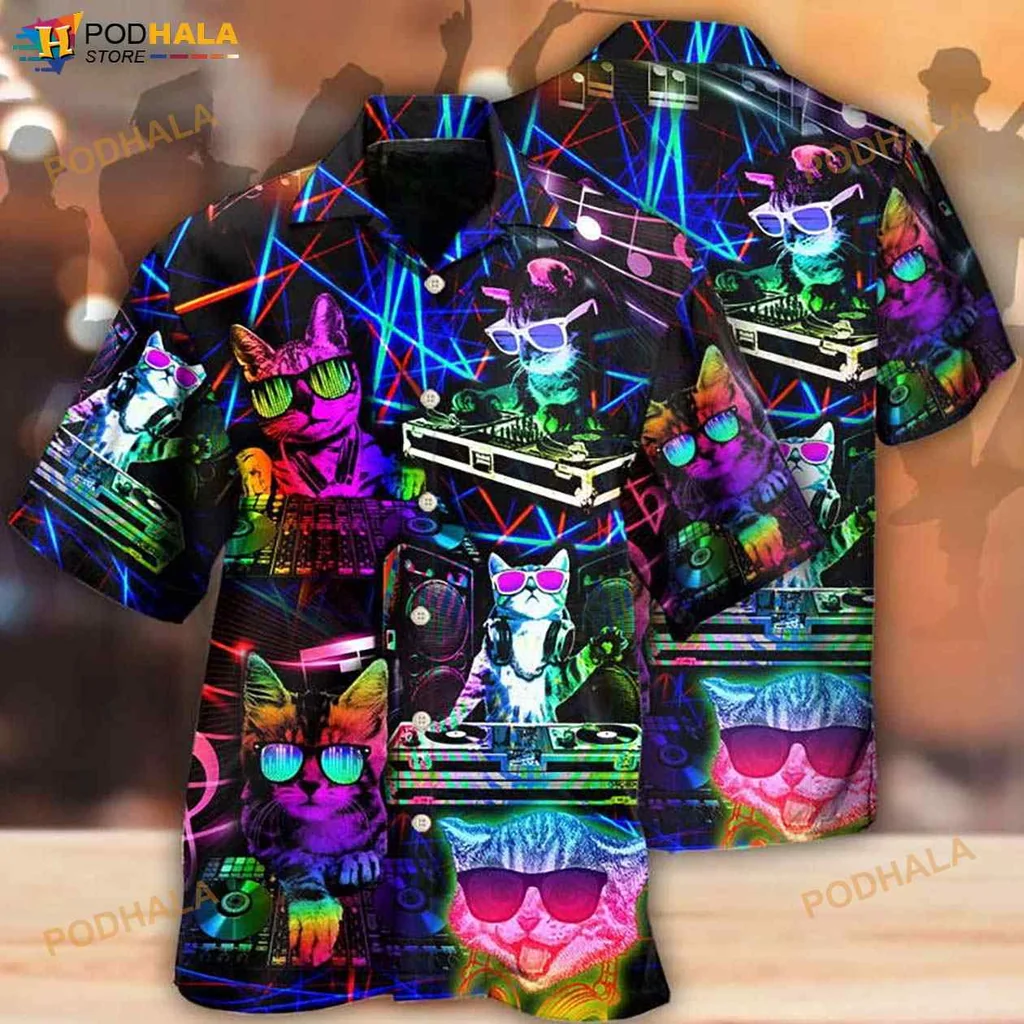 Colorful Cat Party Hawaiian Shirt With Cool Sunglasses And Neon Lights
