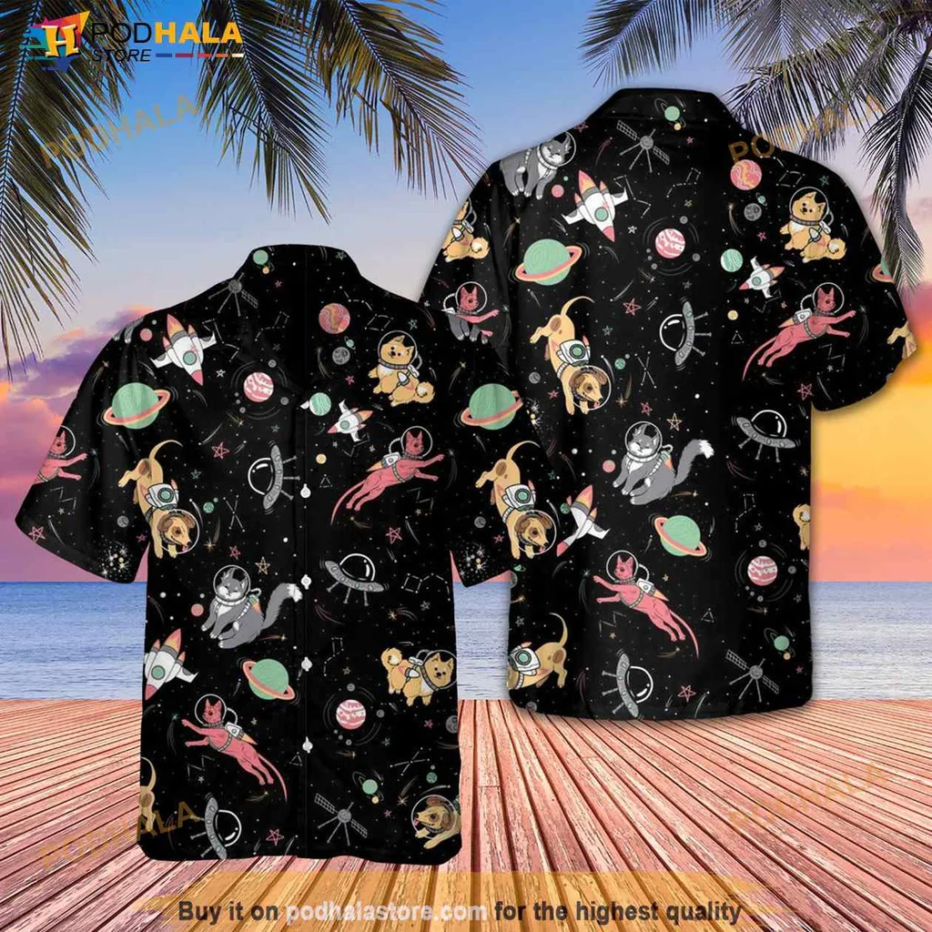 Colorful Cat Space Hawaiian Shirt With Vibrant Astronaut Design