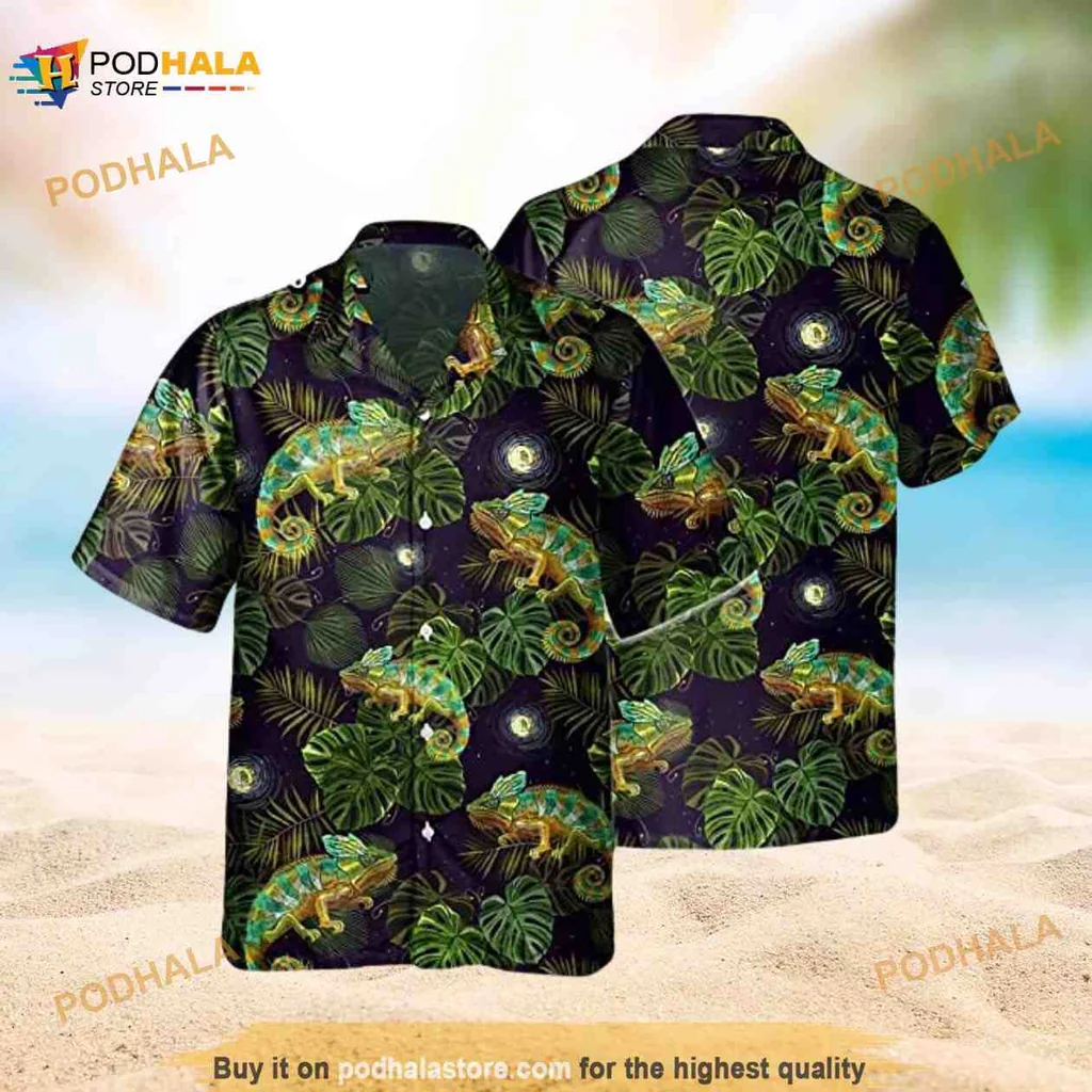 Colorful Chameleon Palm Leaves Hawaiian Shirt With Tropical Design