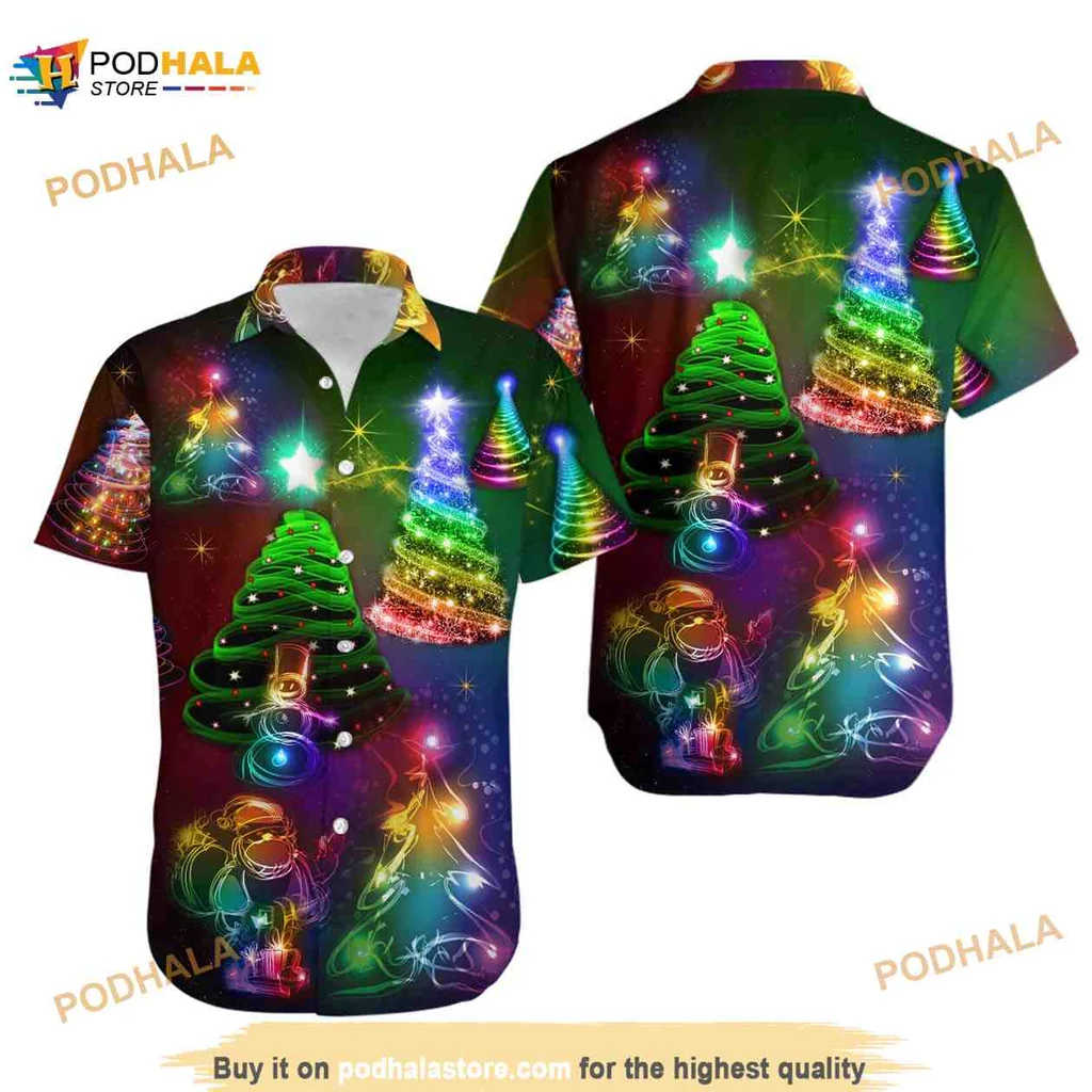 Colorful Christmas Tree Hawaiian Shirt With Bright Ornaments And Lights
