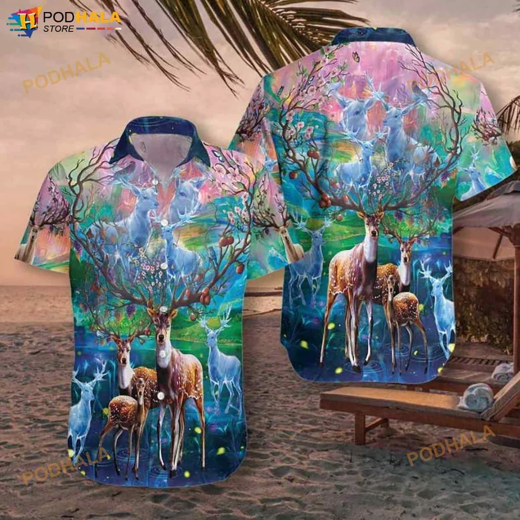 Colorful Deer Tropical Hawaiian Shirt Featuring Whimsical Landscape Design