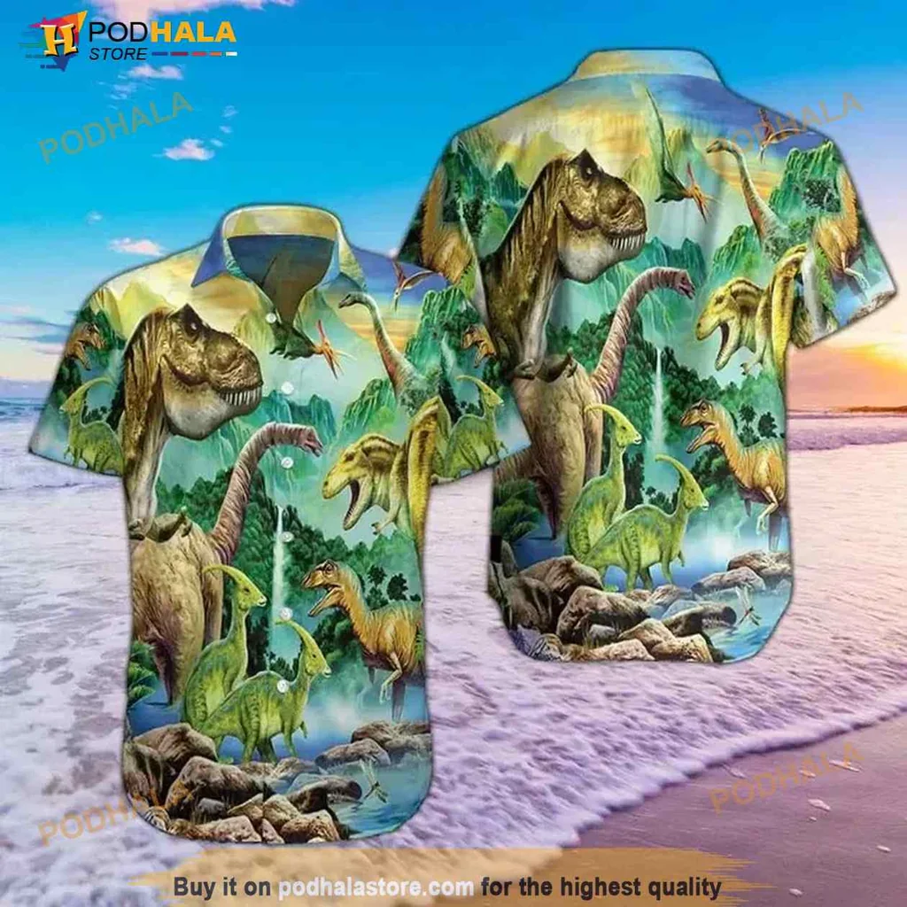 Colorful Dinosaur Aloha Hawaiian Shirt With Prehistoric Landscape Design