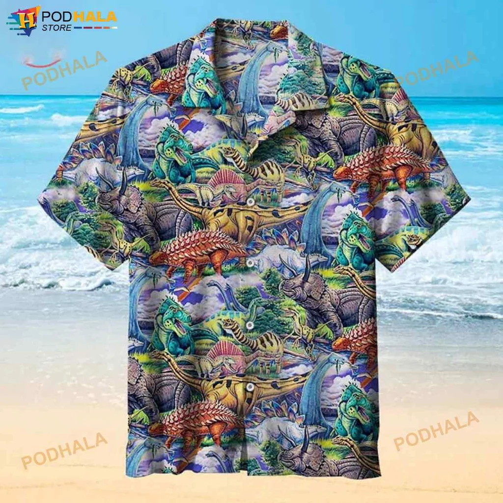 Colorful Dinosaur Hawaiian Shirt Featuring Playful Dinosaurs In A Tropical Landscape