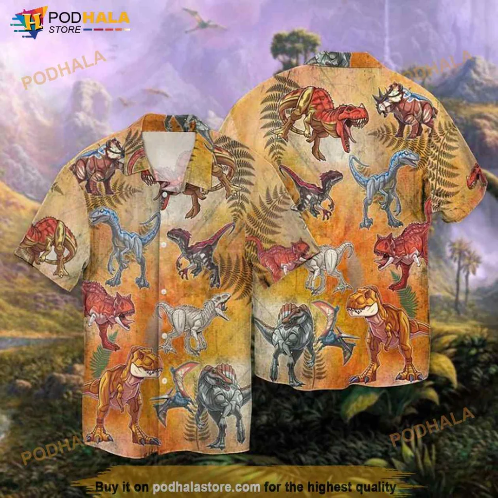 Colorful Dinosaur Hawaiian Shirt Featuring T Rex And Triceratops