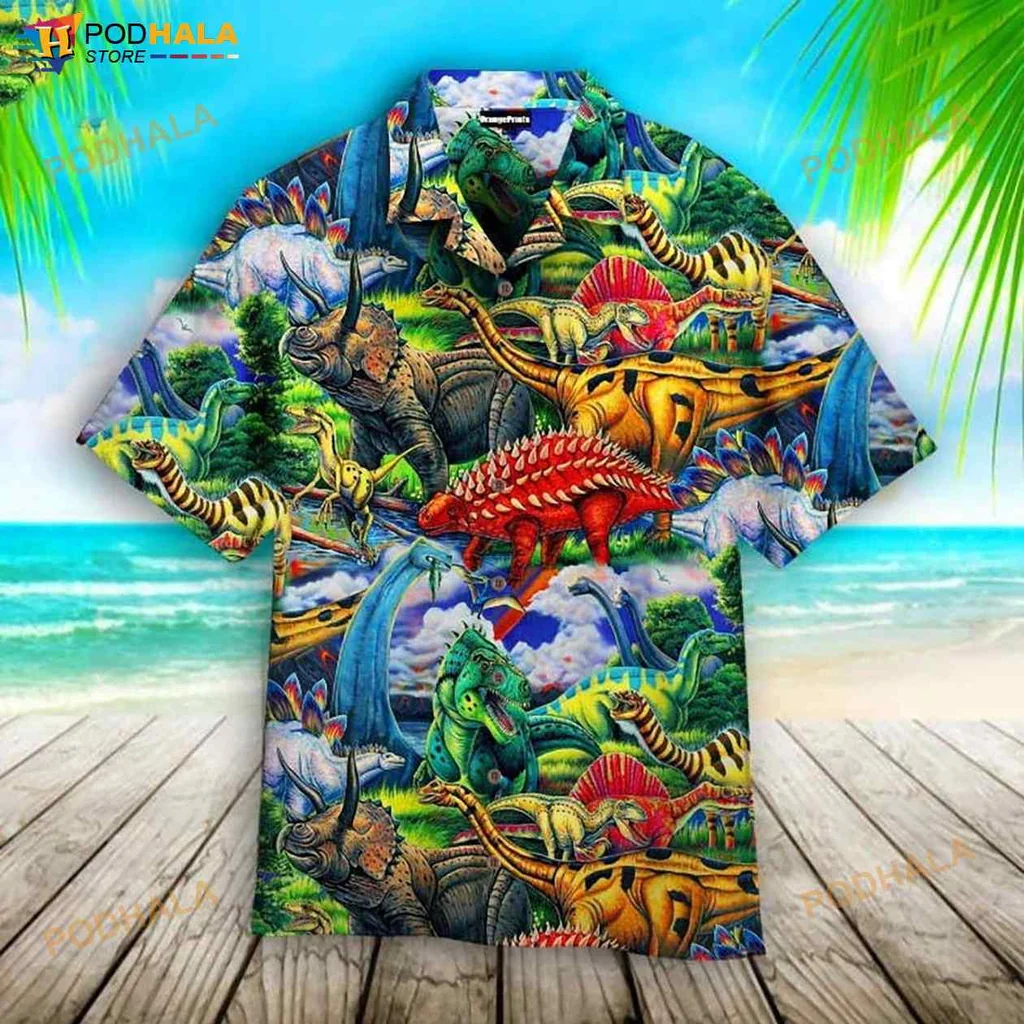 Colorful Dinosaur Hawaiian Shirt With Tropical Design And Playful Style
