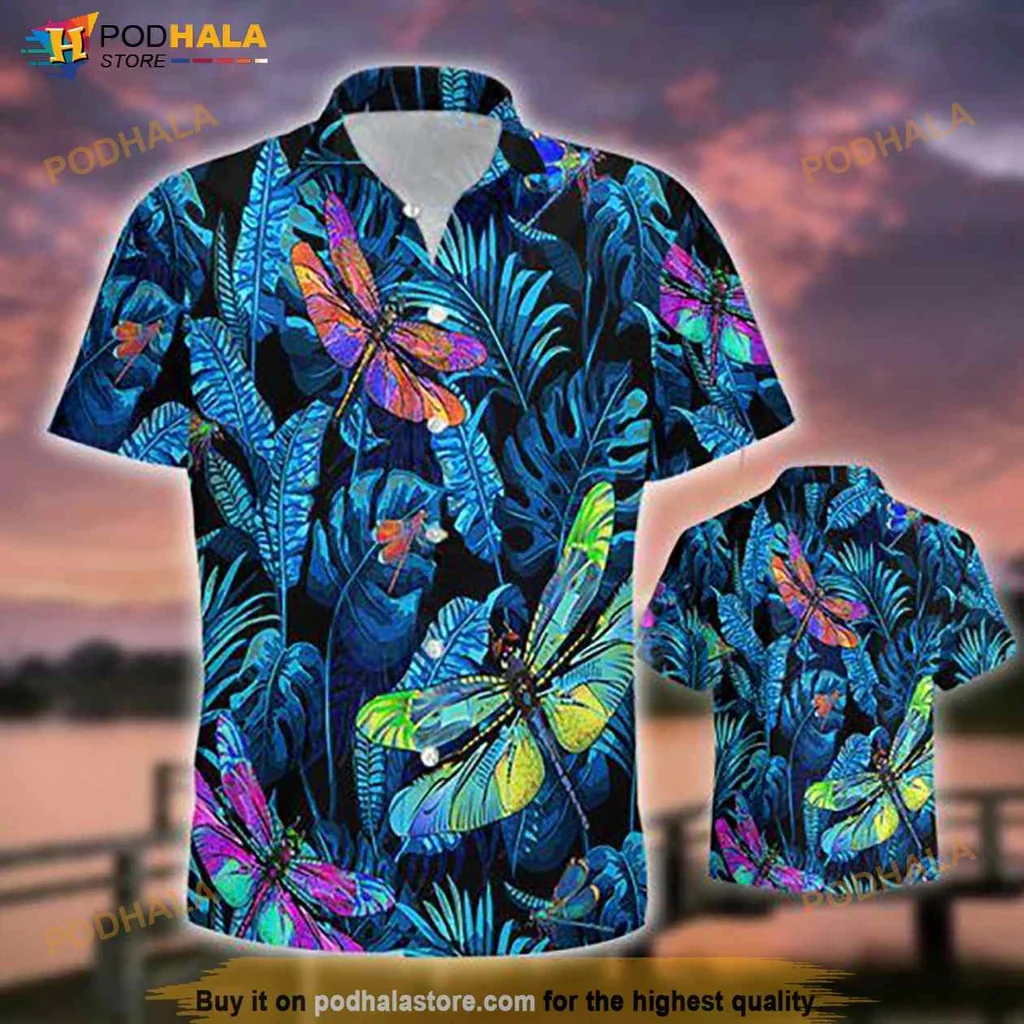 Colorful Dragonfly Tropical Hawaiian Shirt With Vibrant Floral Design
