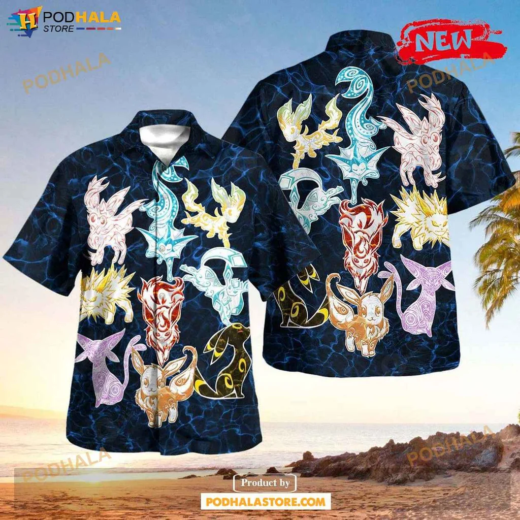 Colorful Eevee Aloha Shirt, Tribal Design Featuring Vaporeon Jolteon Flareon
