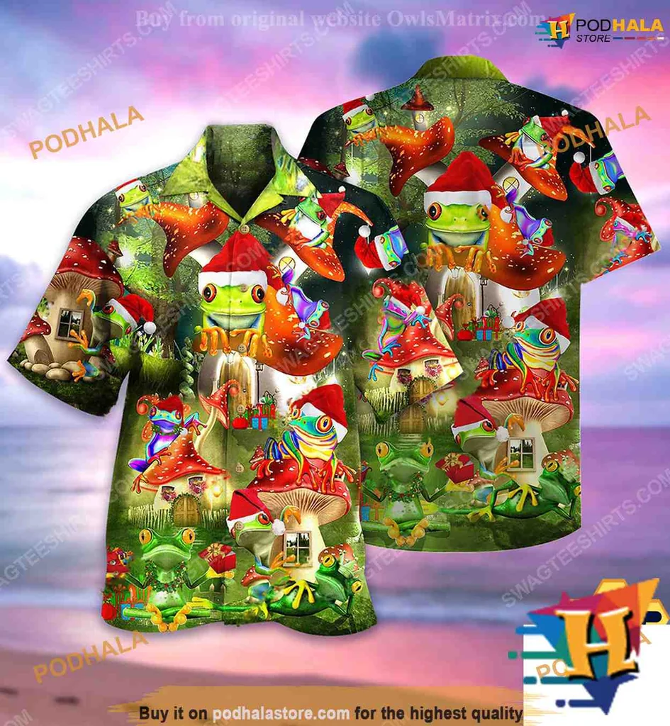 Colorful Frog Christmas Hawaiian Shirt With Santa Hats And Holiday Decor
