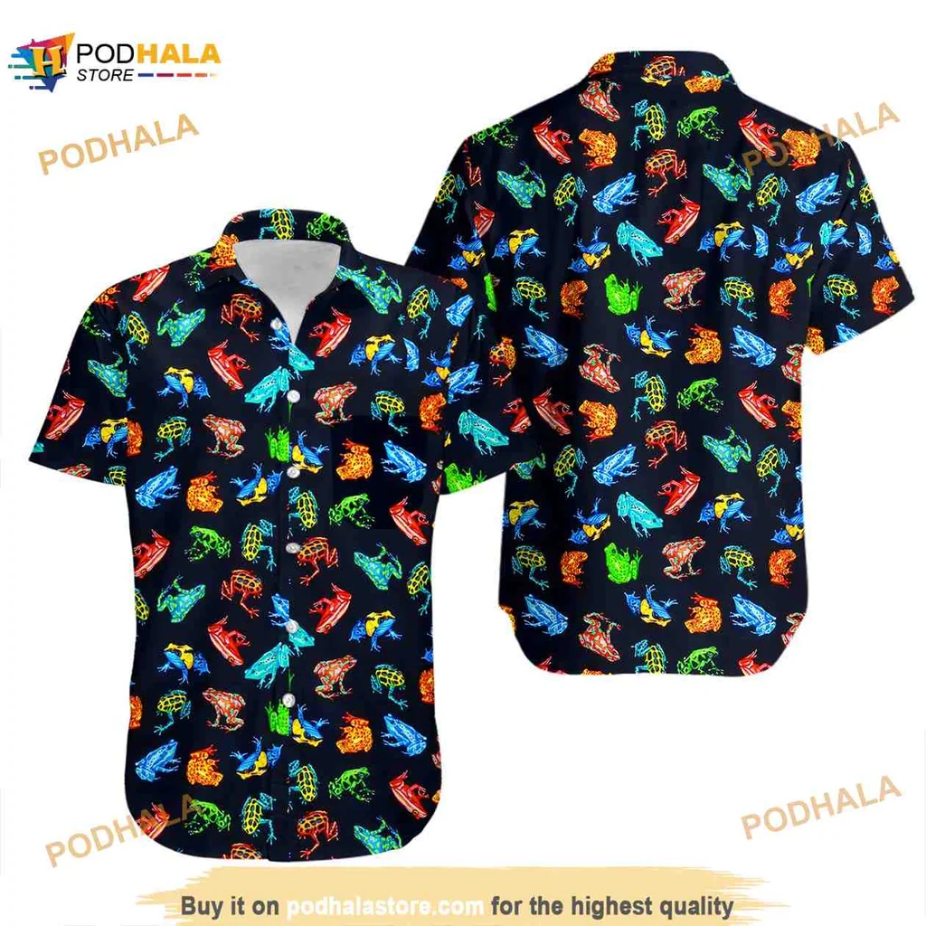 Colorful Frogs Black Hawaiian Shirt With Lively Tropical Design