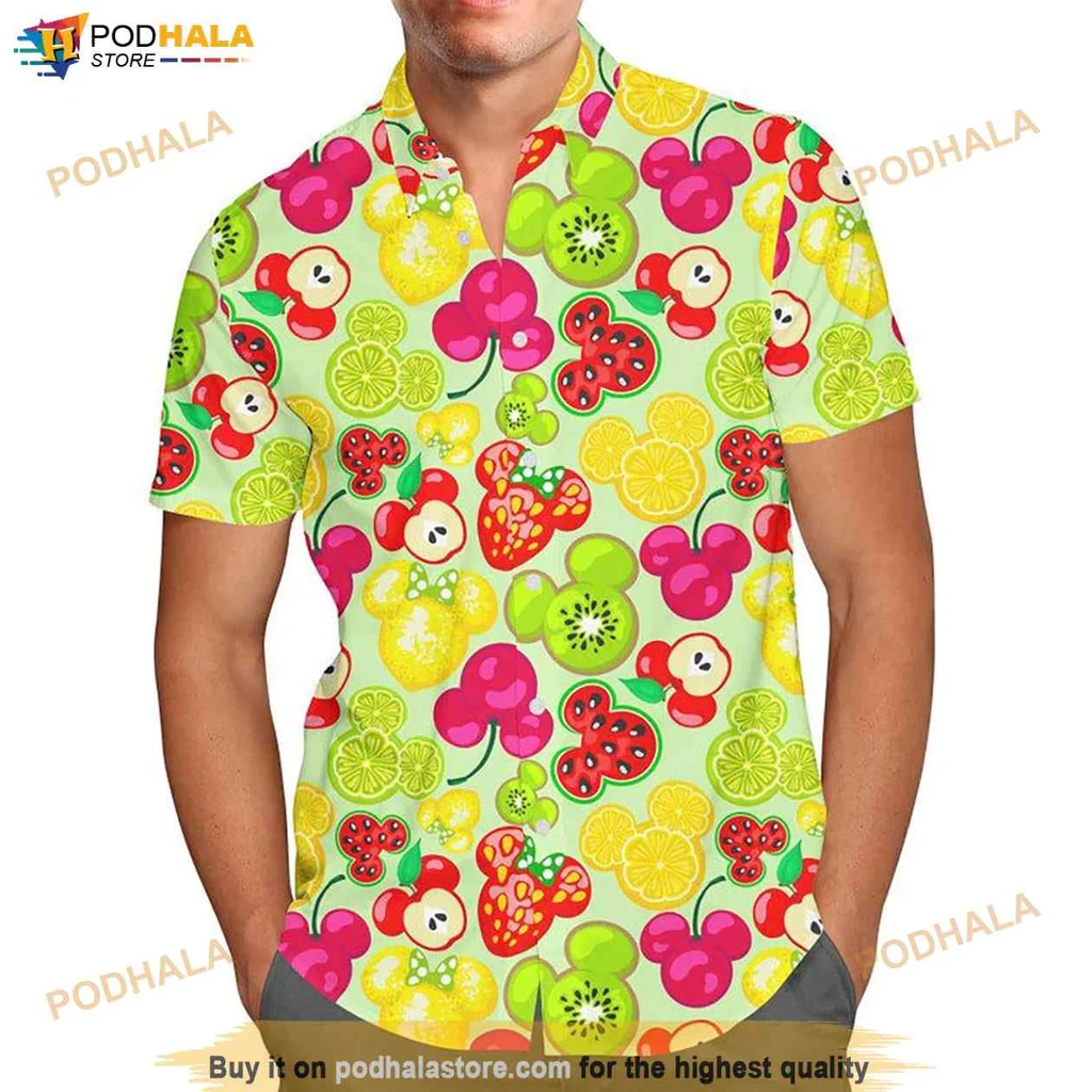 Colorful Fruit Lover Hawaiian Shirt With Mickey Mouse Silhouettes, Vibrant Summer Design