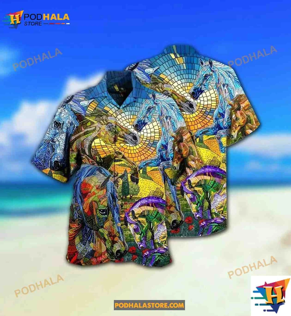 Colorful Horse Abstract Hawaiian Shirt Featuring Artistic Mosaic Design