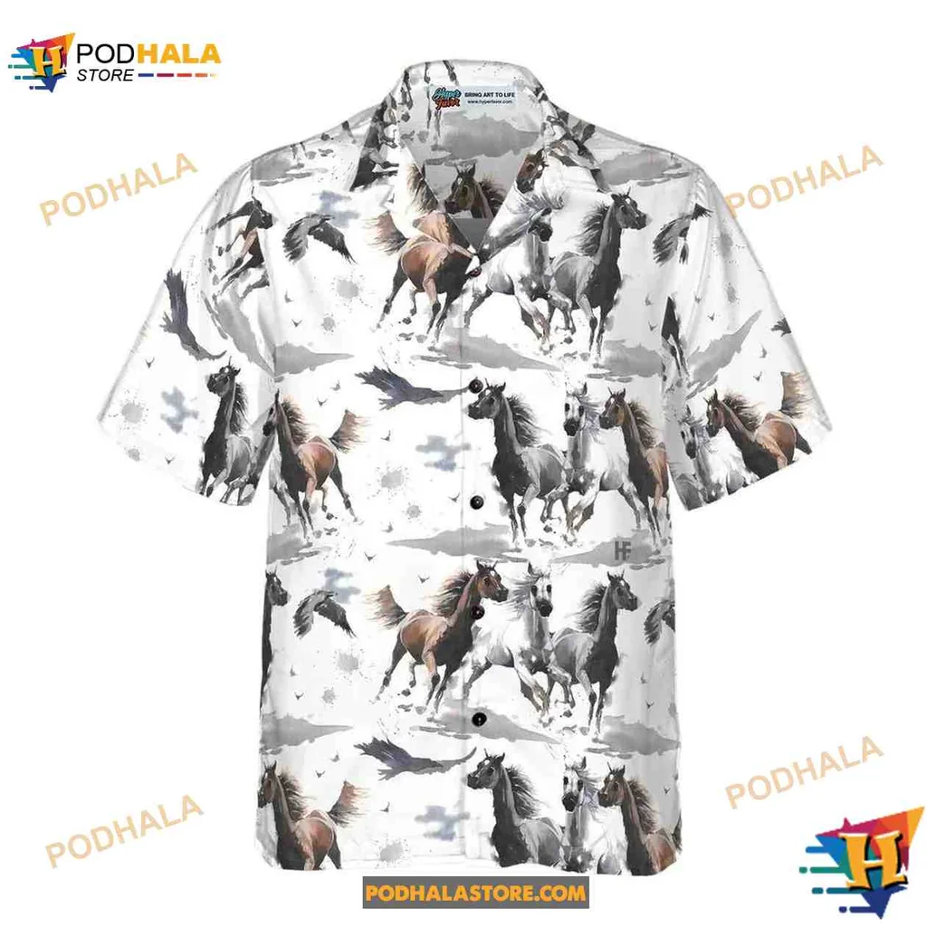 Colorful Horse Aloha Shirt Featuring Galloping Horses And Vibrant Clouds