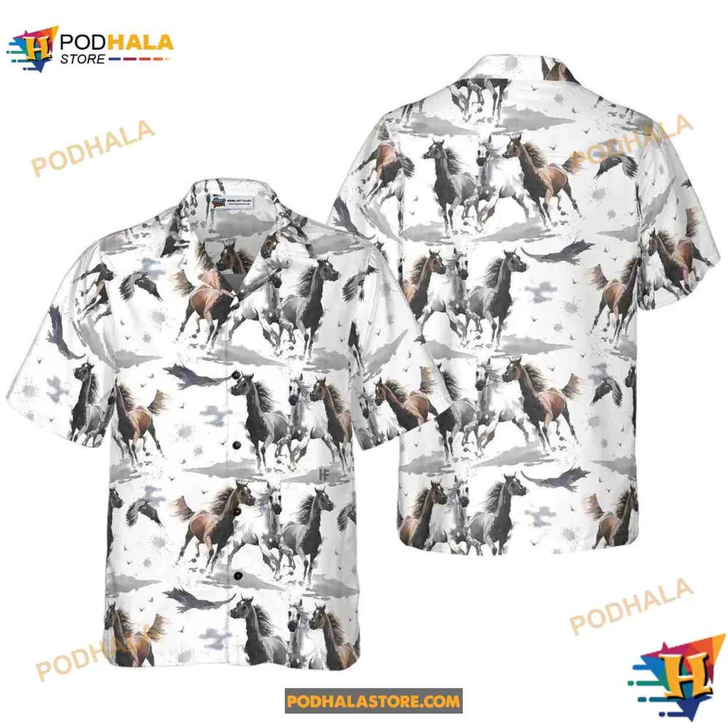 Colorful Horse Tropical Shirt Featuring Galloping Horses And Vibrant Clouds Colorful Horse Tropical Shirt Featuring Galloping Horses And Vibrant Clouds