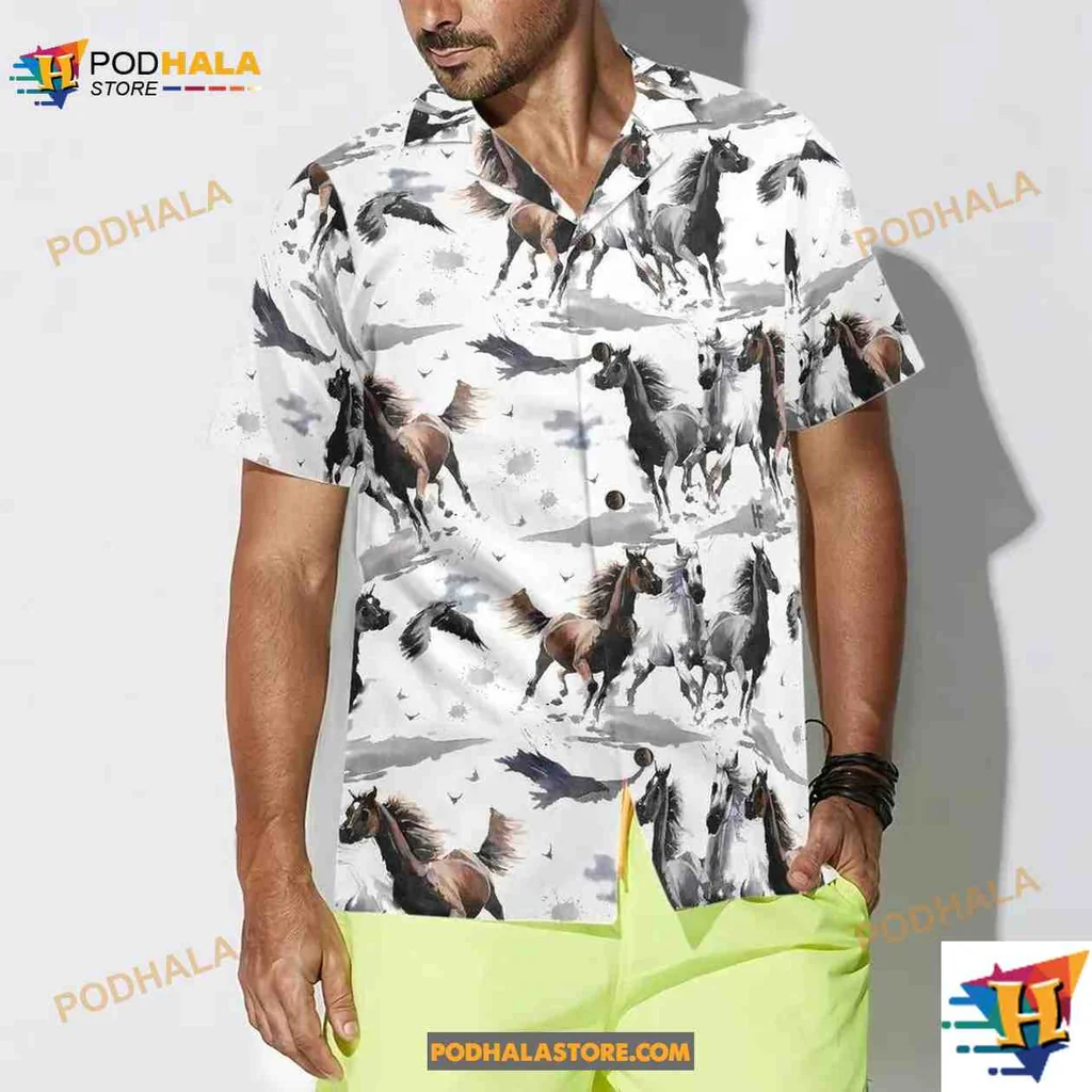 Colorful Horse Tropical Shirt Featuring Galloping Horses And Vibrant Clouds Colorful Horse Tropical Shirt Featuring Galloping Horses And Vibrant Clouds