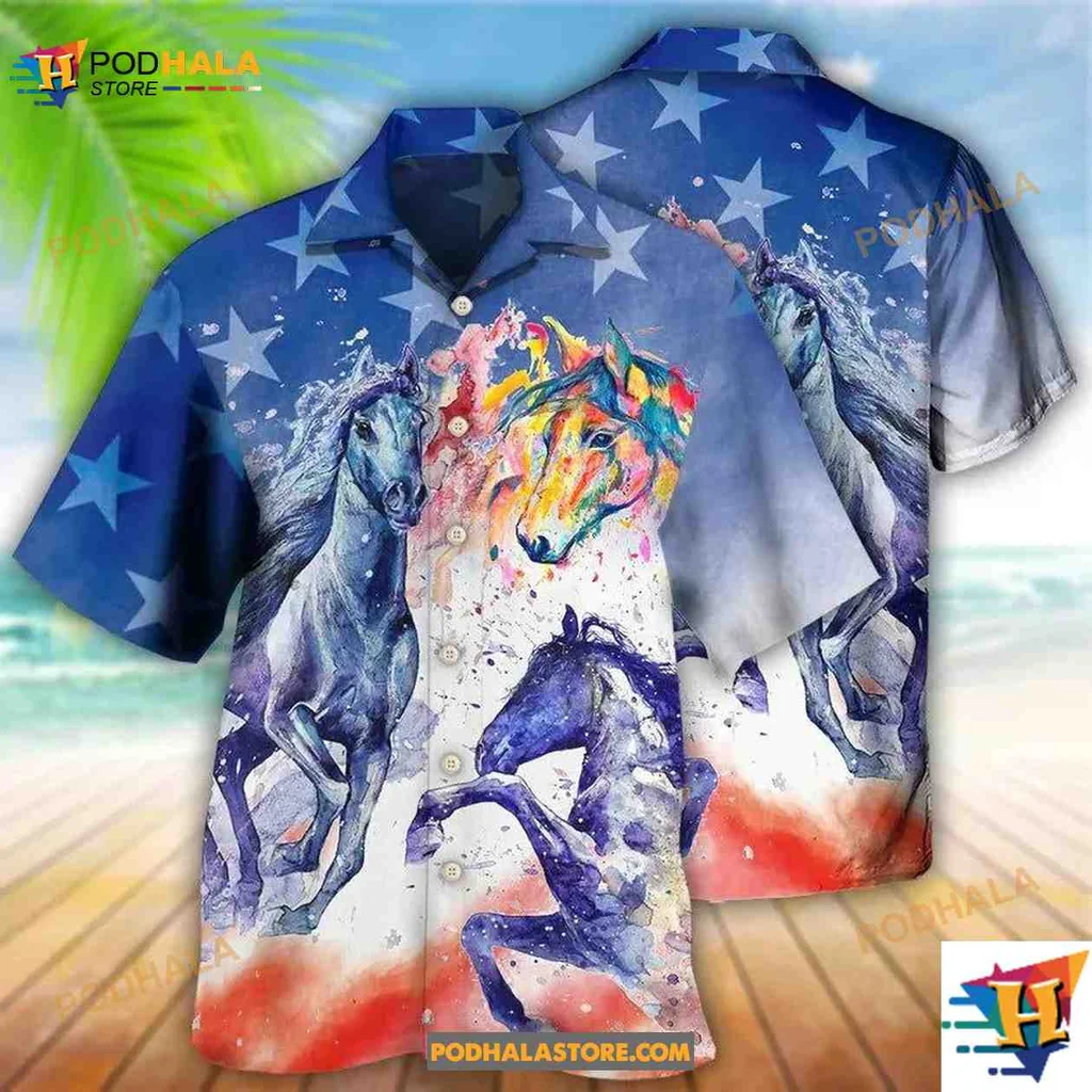 Colorful Horse Independence Day Hawaiian Shirt For Horse Lovers