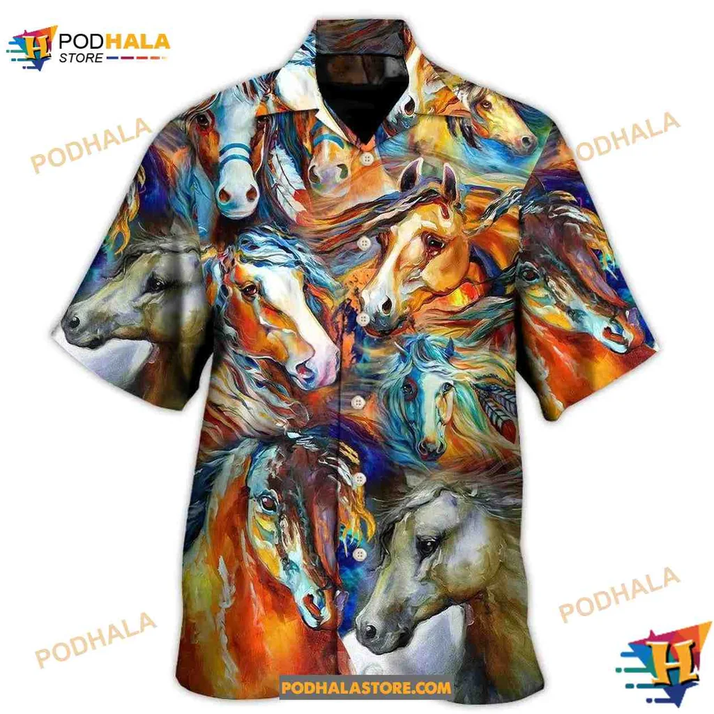 Colorful Horse Lovers Hawaiian Shirt Featuring Artistic Horse Faces