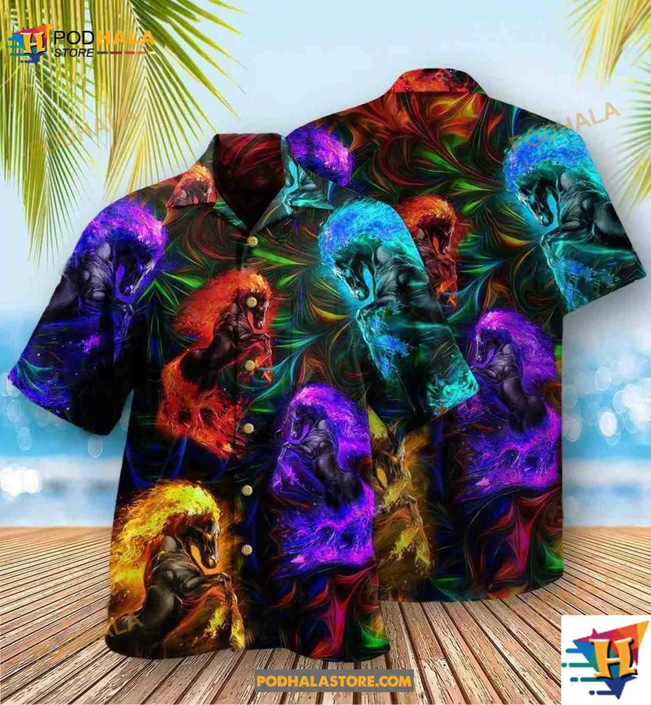 Colorful Horse Lovers Hawaiian Shirt With Dynamic Horse And Flame Design