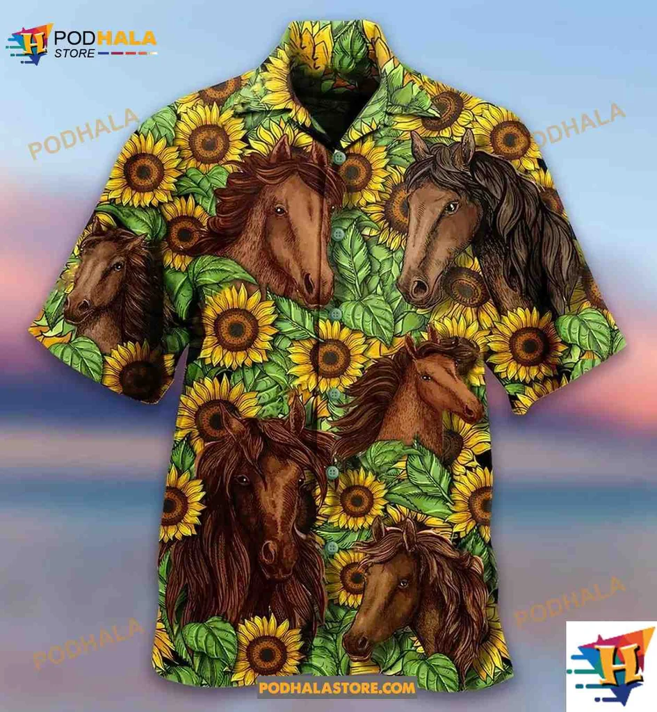 Colorful Horse Lovers Hawaiian Shirt With Sunflowers And Horses