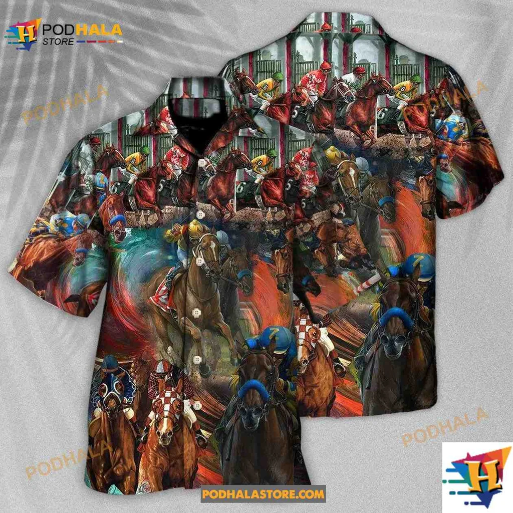 Colorful Horse Racing Aloha Shirt Featuring Vibrant Horses In Motion Colorful Horse Racing Aloha Shirt Featuring Vibrant Horses In Motion