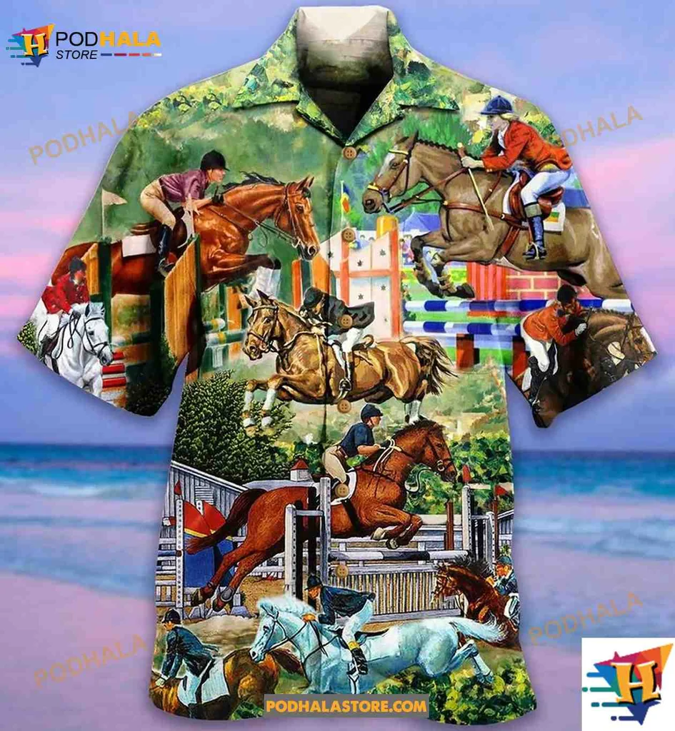 Colorful Horse Riding Hawaiian Shirt Featuring Equestrian Scenes