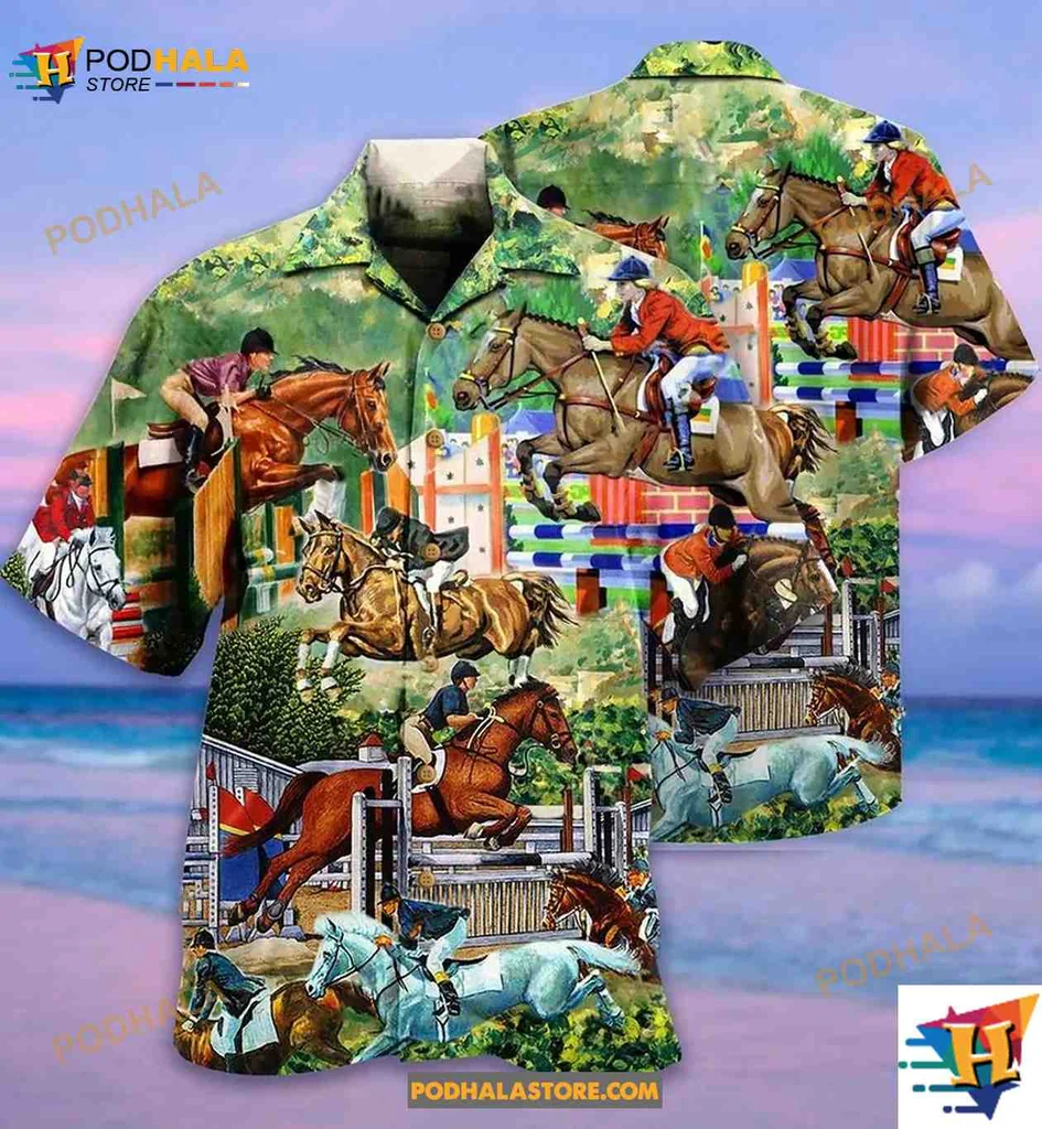 Colorful Horse Riding Aloha Shirt Featuring Equestrian Scenes Colorful Horse Riding Aloha Shirt Featuring Equestrian Scenes