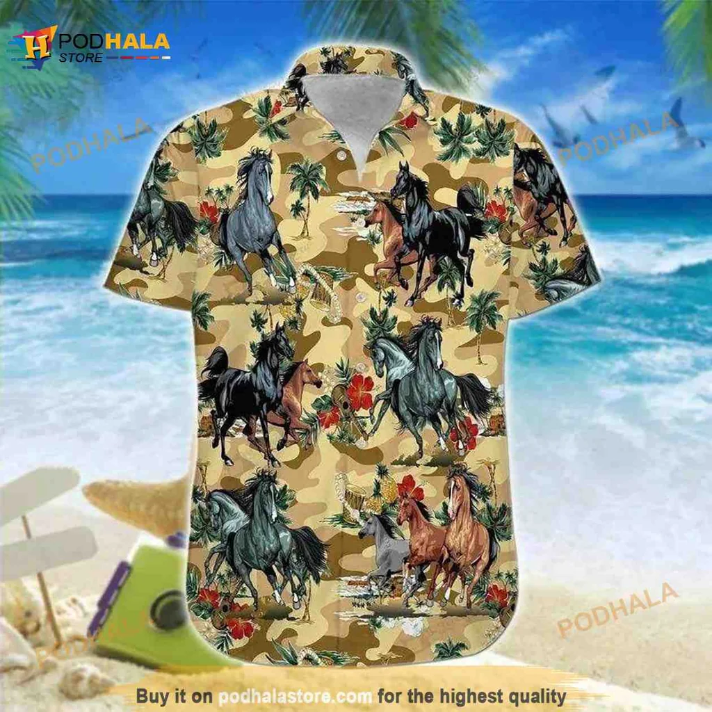 Colorful Horses Tropical Hawaiian Shirt With Lush Floral Design