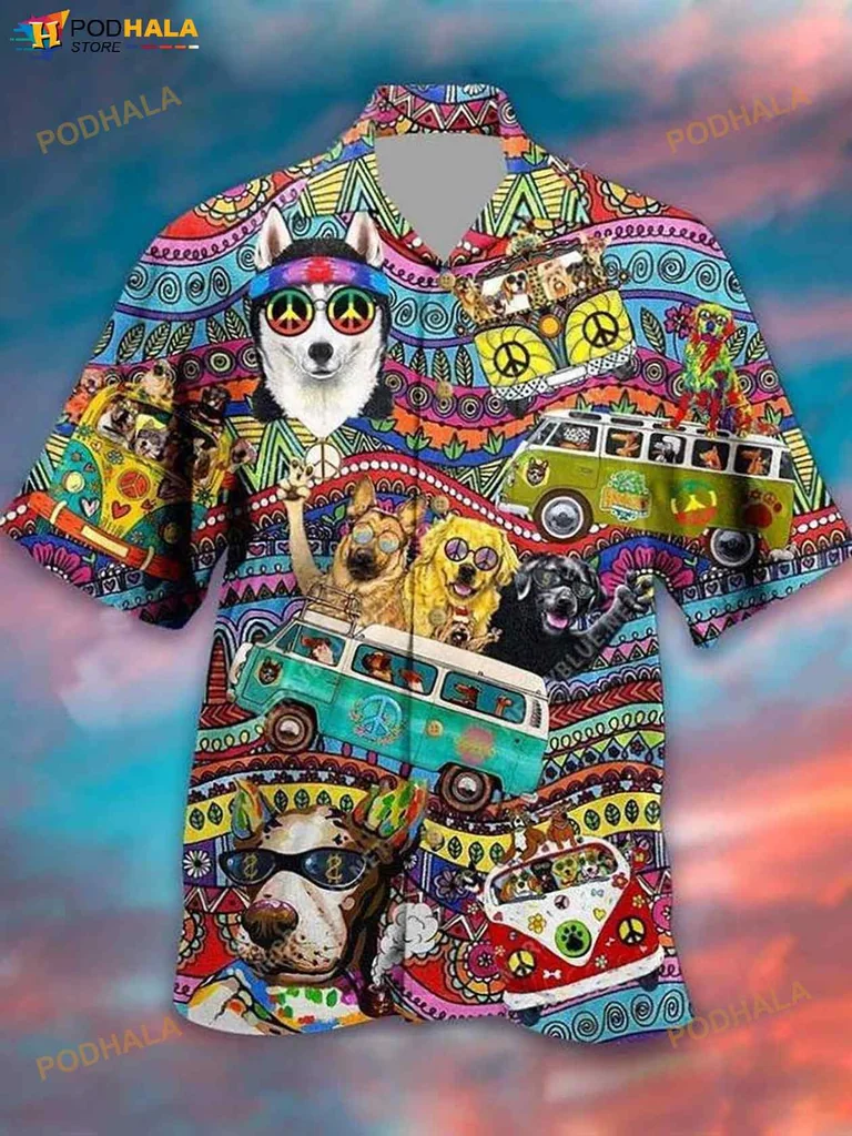Colorful Husky Dog Aloha Shirt With Fun Retro Motifs And Floral Patterns