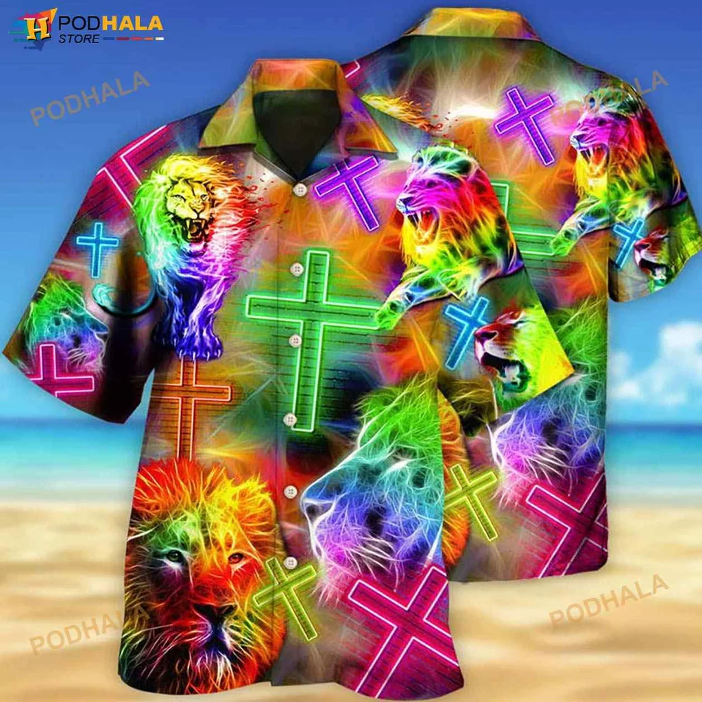 Colorful Lion Cross Hawaiian Shirt With Vibrant Neon Design