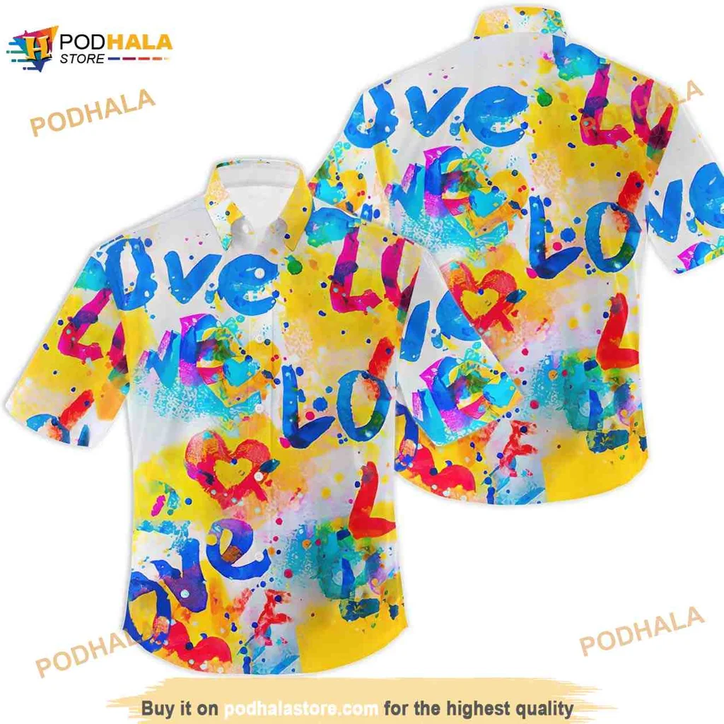 Colorful Love Graffiti Hawaiian Shirt With Heart Designs