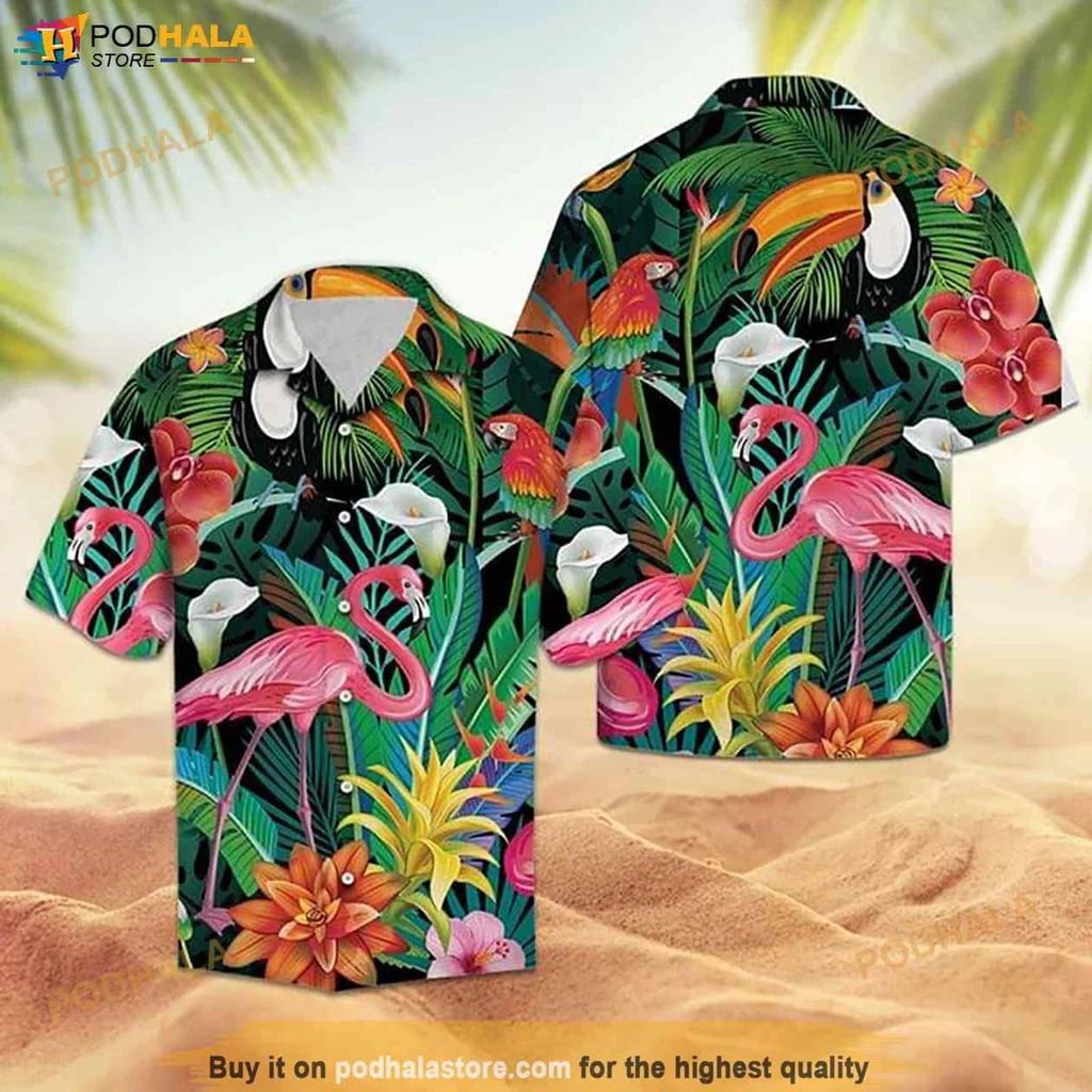 Colorful Parrot Flamingo Aloha Shirt, Tropical Hawaiian Shirt For Beachwear