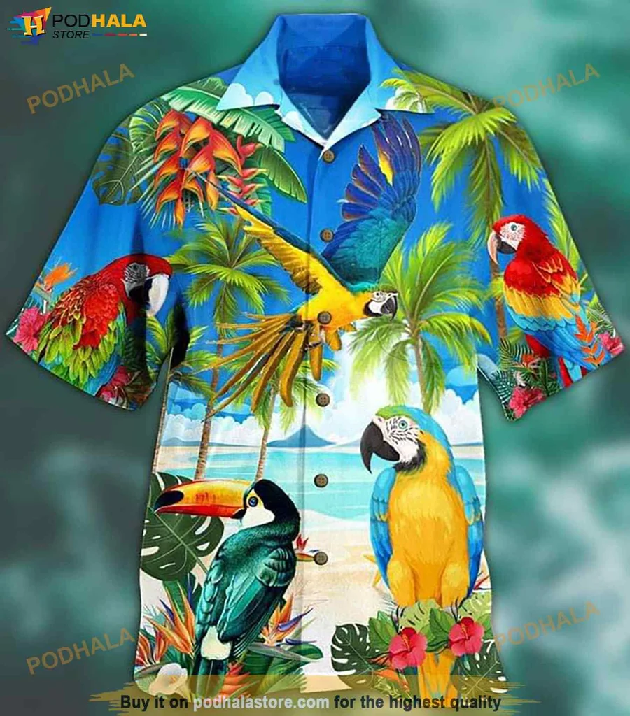 Colorful Parrot Tropical Aloha Shirt With Vibrant Floral Design