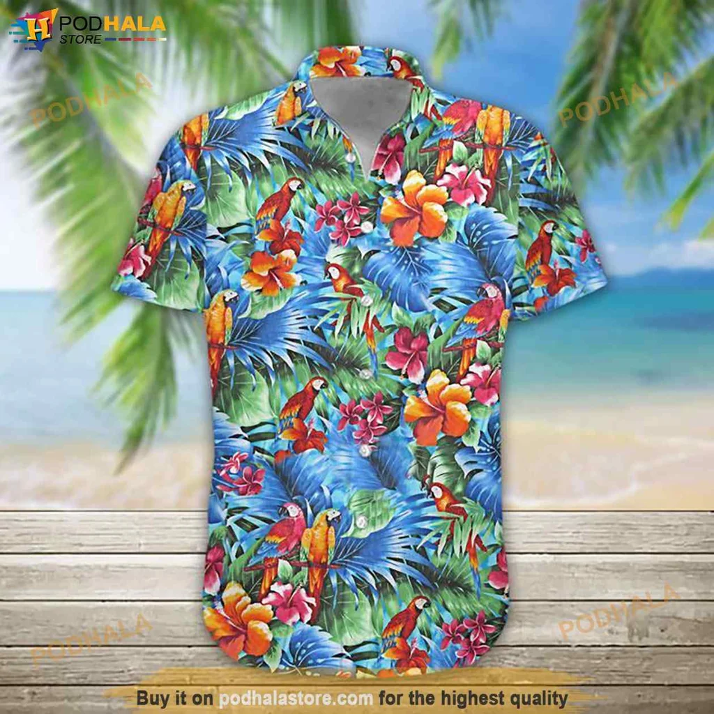 Colorful Parrot Tropical Hawaiian Shirt, Fun Aloha Beachwear