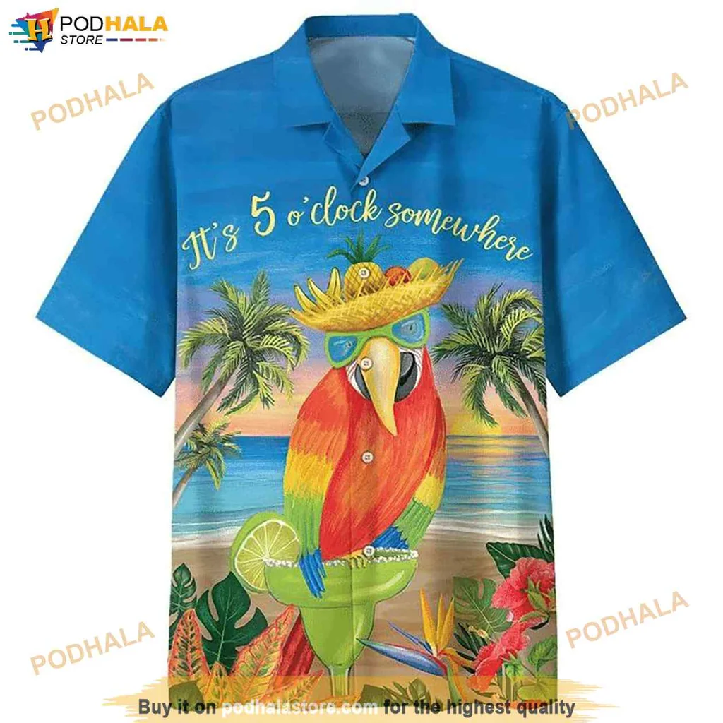 Colorful Parrot Tropical Hawaiian Shirt With Its 5 Oclock Somewhere Design