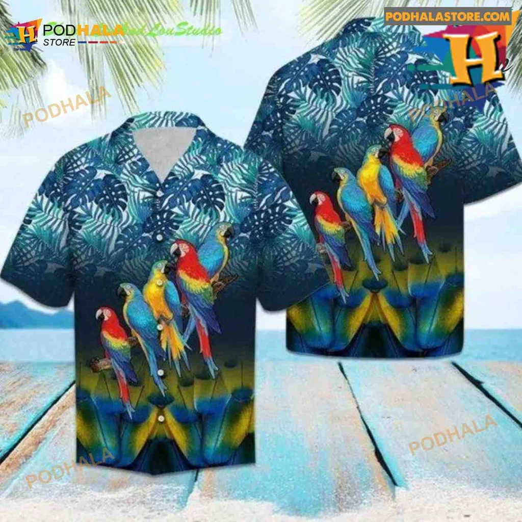Colorful Parrot Tropical Hawaiian Shirt With Lush Green Foliage
