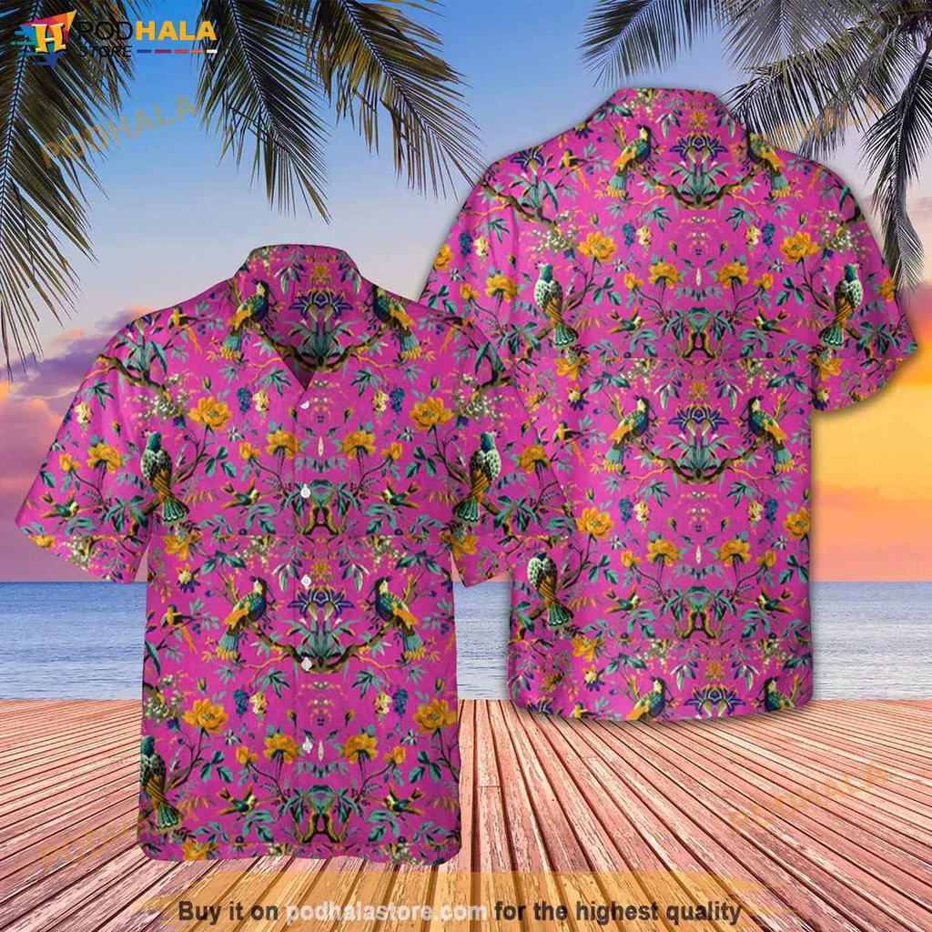 Colorful Parrot Tropical Hawaiian Shirt With Pink Background And Flowers