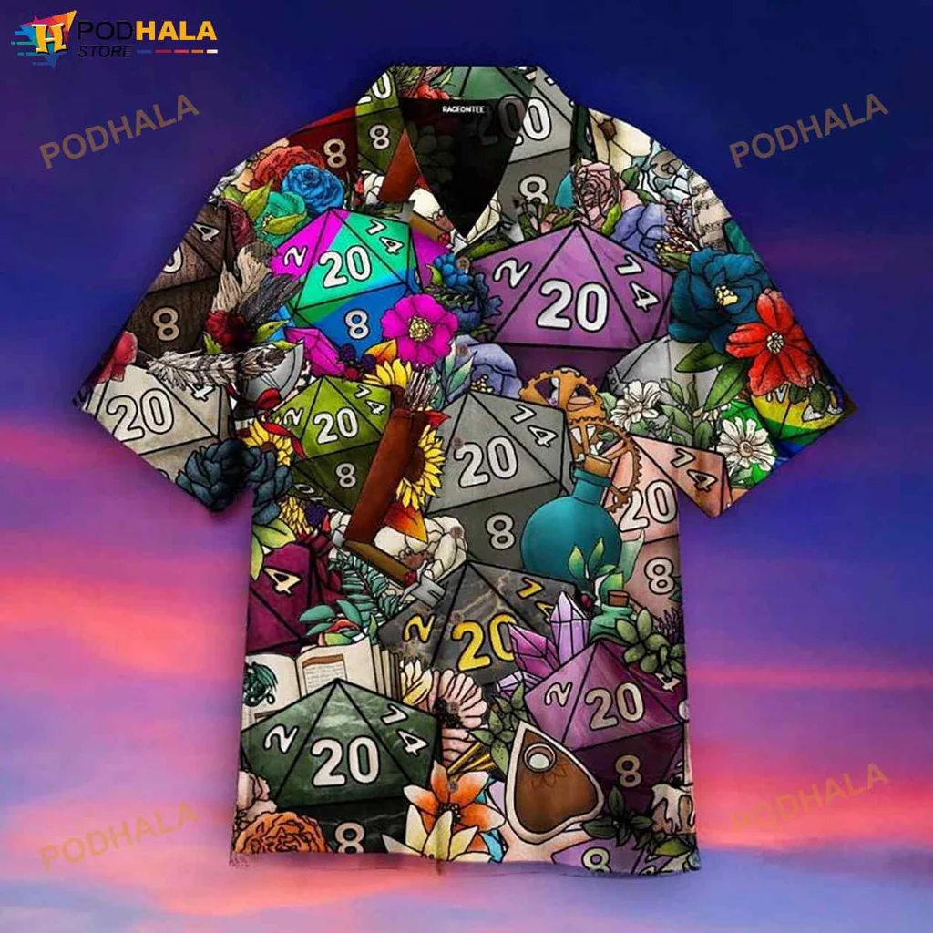 Colorful Polyhedral Dice Hawaiian Shirt With Floral Patterns
