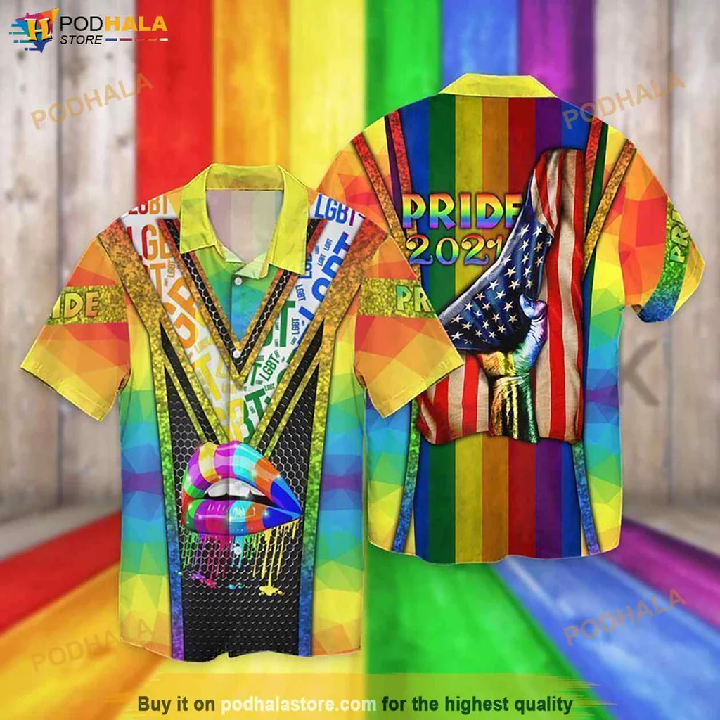 Colorful Pride Celebration Hawaiian Shirt With Rainbow Lips And Peace Sign Design