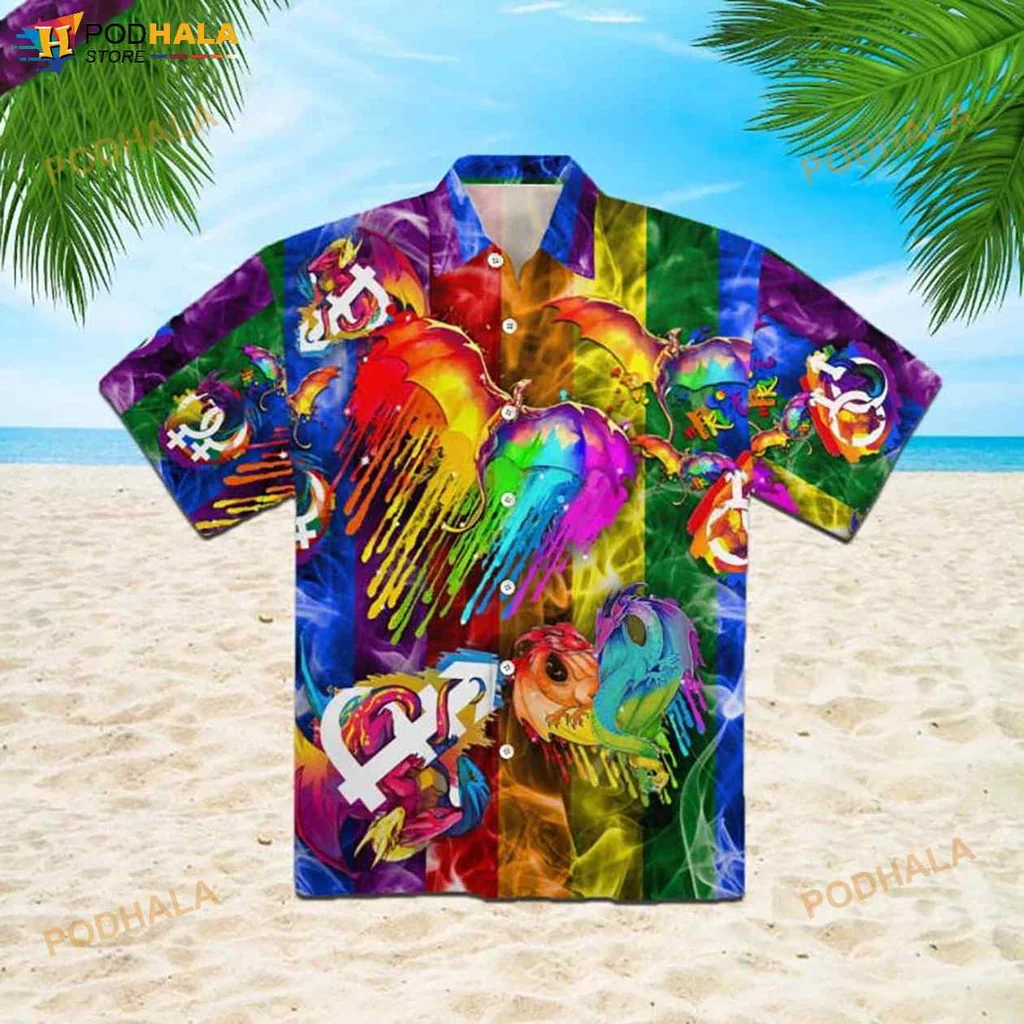 Colorful Pride Hearts Hawaiian Shirt With Rainbow Dripping Design