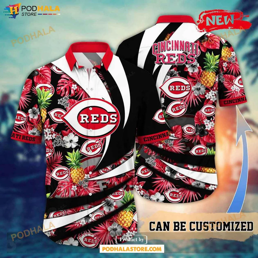 Colorful Reds Aloha Shirt, Vibrant Cincinnati Reds Summer Shirt With Pineapples And Flowers