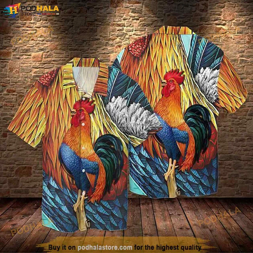 Colorful Rooster Hawaiian Shirt, Vibrant Tropical Design For Women