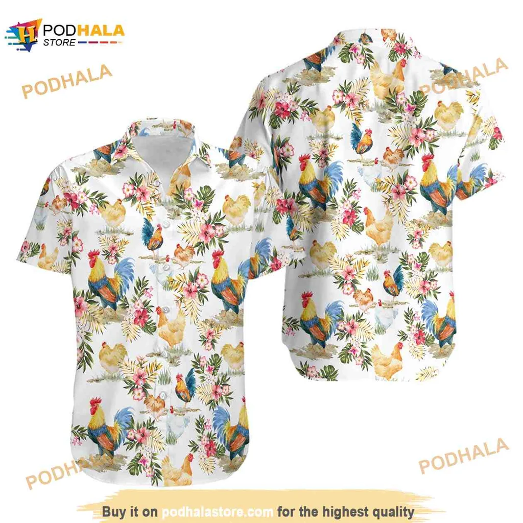 Colorful Rooster Tropical Hawaiian Shirt With Lush Green Foliage